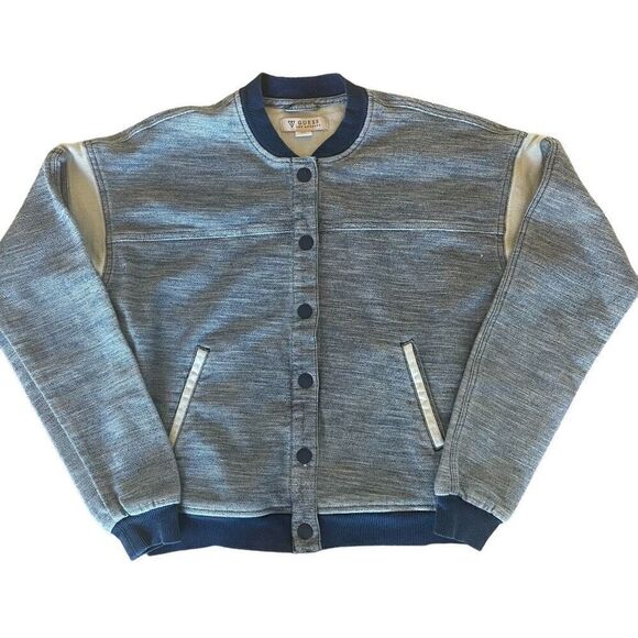 Vtg Guess Blue Snap Up Front Varsity Jacket Women’s Size Small Cotton Pockets - Picture 1 of 5